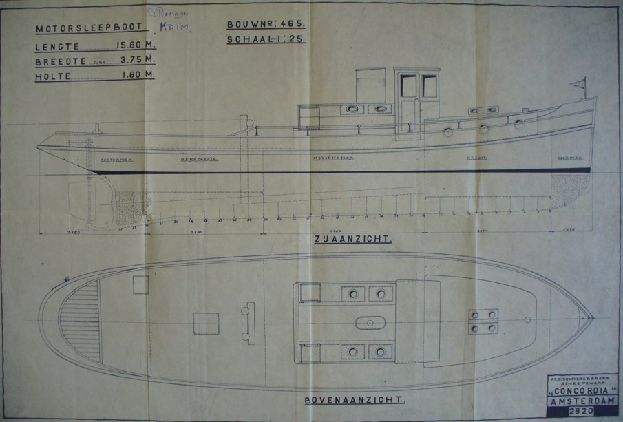 Bouwtekening van scheepswerf Concordia, bouwnummer 465, zij- en bovenaanzicht